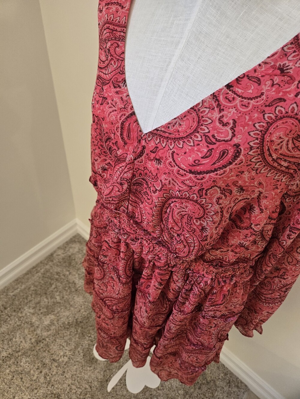 Torrid Pink Paisley Babydoll Mini Dress Size 1 Boho Sheer Sleeve Lined - Picture 2 of 14